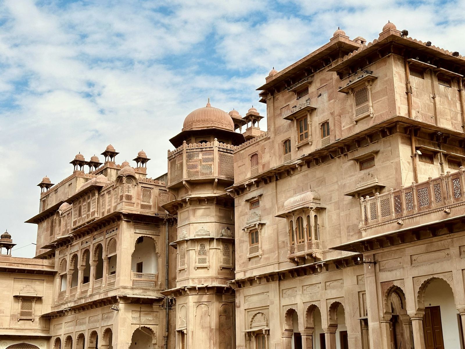 Carved sandstone balconies in the old city of Bikaner.